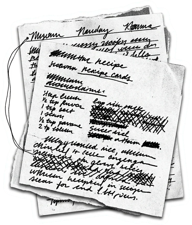 Two recipe cards connected by a line, the second naming three cooks